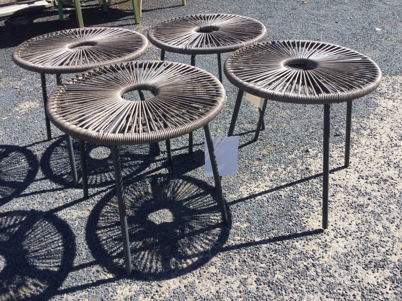 A set of four new circular outdoor stools, with strung seats on metal frames with angled legs. (4) - Image 3 of 3