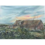 Fra Randaberg, pencil & watercolour, barn in sunset landscape, signed, mounted & gilt framed. (16.