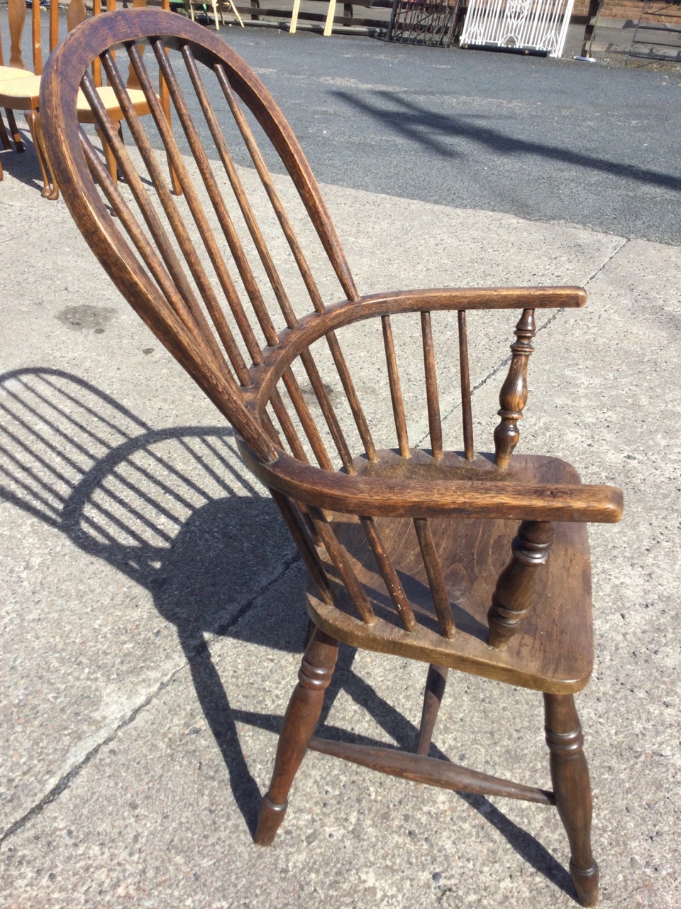 A nineteenth century oak & elm spindleback windsor chair, with arched back and bow arms above a - Image 3 of 3