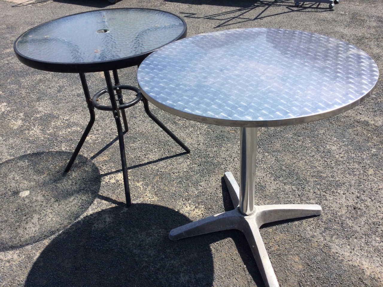 A circular aluminium pub type table on column with four legs; and a circular mottled glass topped - Image 2 of 3