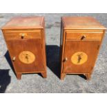 A pair of 1960s Ridgeway Cottage Industry oak bedside cabinets with marquetry by Colin Sawford, with