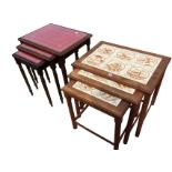 A nest of three teak tables with sepia delft style handpainted tiles to tops; and another nest of