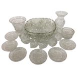 A square rounded moulded glass punchbowl with twelve cups on hooks; a set of six fruit etched