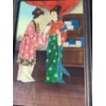 A Chinese reverse glass painted panel with two young ladies on garden terrace, in moulded frame. (