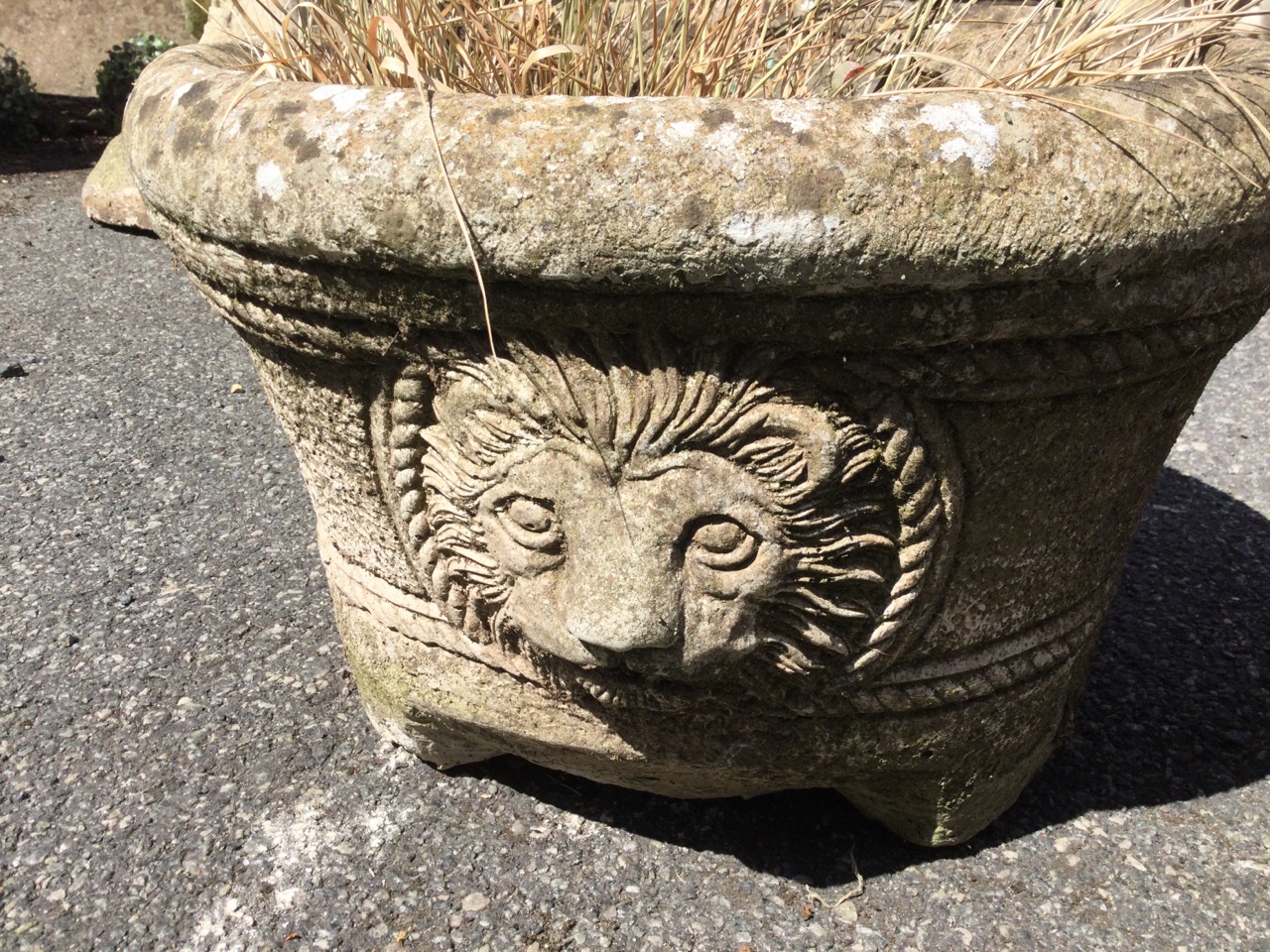 A pair of composition stone pots embossed with circular lion masks between ropetwist borders. (13. - Bild 3 aus 3