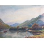Milton Drinkwater, watercolour, lake landscape with figure in boat and sailboat on shore, signed,