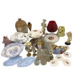 Miscellaneous ceramics & glass including a salt glazed Hawick spirit bottle, figurines, a set of