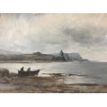 TM Hay, Edwardian watercolour, coastal view with two figures in foreground boat and distant tower,