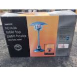 A boxed Nevada tabletop stainless steel patio heater, complete with owners manual.
