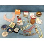 Miscellaneous jewellery including ivory bead necklaces & brooches, studs, a coral necklace,