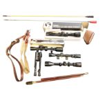 Miscellaneous shooting gear including cleaning rods, four rifle sights, a telescopic gun support,