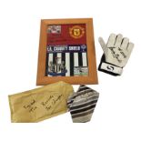 A signed & framed Peter Beardsley football poster; a goalkeepers glove signed by Gordon Banks; and a