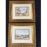 Nancie Foster, watercolours, a pair, landscapes with sheep, signed, mounted & gilt framed. (7in x