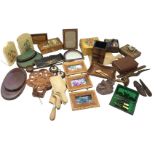 Miscellaneous treen including a signed floral handpainted tray, stands, two pairs of butterpats,