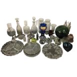 Miscellaneous glass including three serving dishes, three decanters & stoppers, jugs, oil and