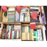 Five boxes of books - hardback biographies, reference, vintage classics and novels, a run of Ôchalet