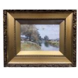 AE Moffat, watercolour, river landscape with mother & child on path, signed & dated 1905, framed. (