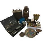 Miscellaneous metalware including a Pratts fuel can, an artists paintbox with oil paints, brassware,