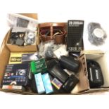 Miscellaneous camera gear including boxed Panasonic Lumixes, zoom lenses, Olympus, a flash unit,