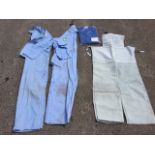 An unused leather welders bib and brace; two BP branded overalls - size 132 and 128; and a third