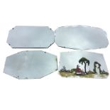 A handpainted frameless bevelled mirror with garden scene; and three other frameless mirrors - one