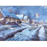 Gordon Lees, oil on canvas, moonlight winter village scene with sheep moving through village by