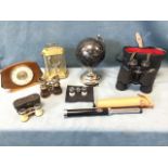 Miscellaneous items including a globe on stand, a cased pair of Miranda binoculars, an Acctim quartz