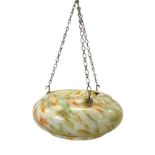 A 50s glass bowl-shaped plaffonier, with chrome mounts & chains, the shade of mottled marbled