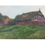 Klein Linstroin, oil on board, barn in landscape, signed, label to verso inscribed Fircherhaus auf