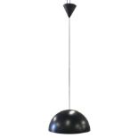 A contemporary hanging tin light of bowl shape, hung from conical ceiling rose. (17.75in)