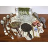 Miscellaneous items; a glass tray dressing table set, a silver hallmarked hand mirror and