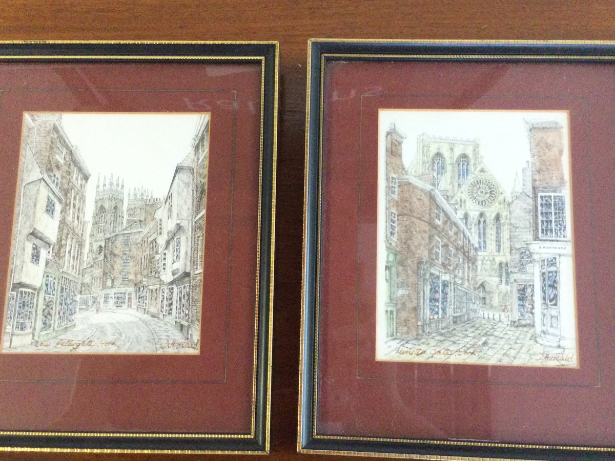DA Heald, a pair, handcoloured prints of York, signed, mounted & framed; and an eighteenth century - Image 3 of 3