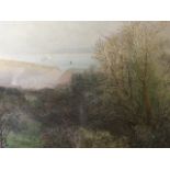 CF Williams, Victorian watercolour, landscape with trees and distant estuary with sailing boats,