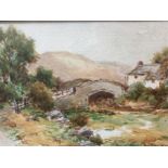Harry Sticks, pencil & watercolour, country scene with bridge over stream, signed, mounted & gilt