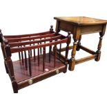 A mahogany canterbury with three divisions on spindles with long drawer below; and an oak peg-