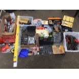 Miscellaneous tools, some boxed and cased - pliers, screwdrivers, drill bits, tape measures, a