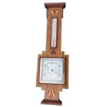 An inlaid walnut barometer with square dial by Alex Scott of Galashiels beneath a rectangular