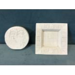 A square Troika biscuit fired dish with incised square panelled decoration to angled rim - 6.75in;