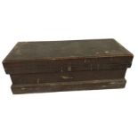 A late Victorian rectangular pine box with brass hinges & lock, raised on moulded plinth. (27.75in x