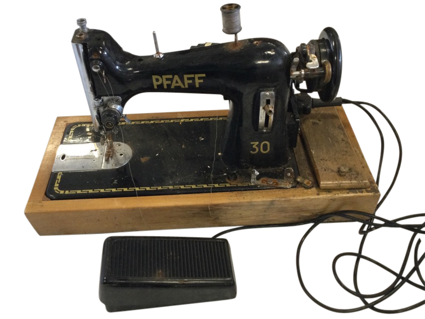 A Pfaff 30 sewing machine by Sew-Tric Ltd with control pedal and power cable, on hardwood stand with
