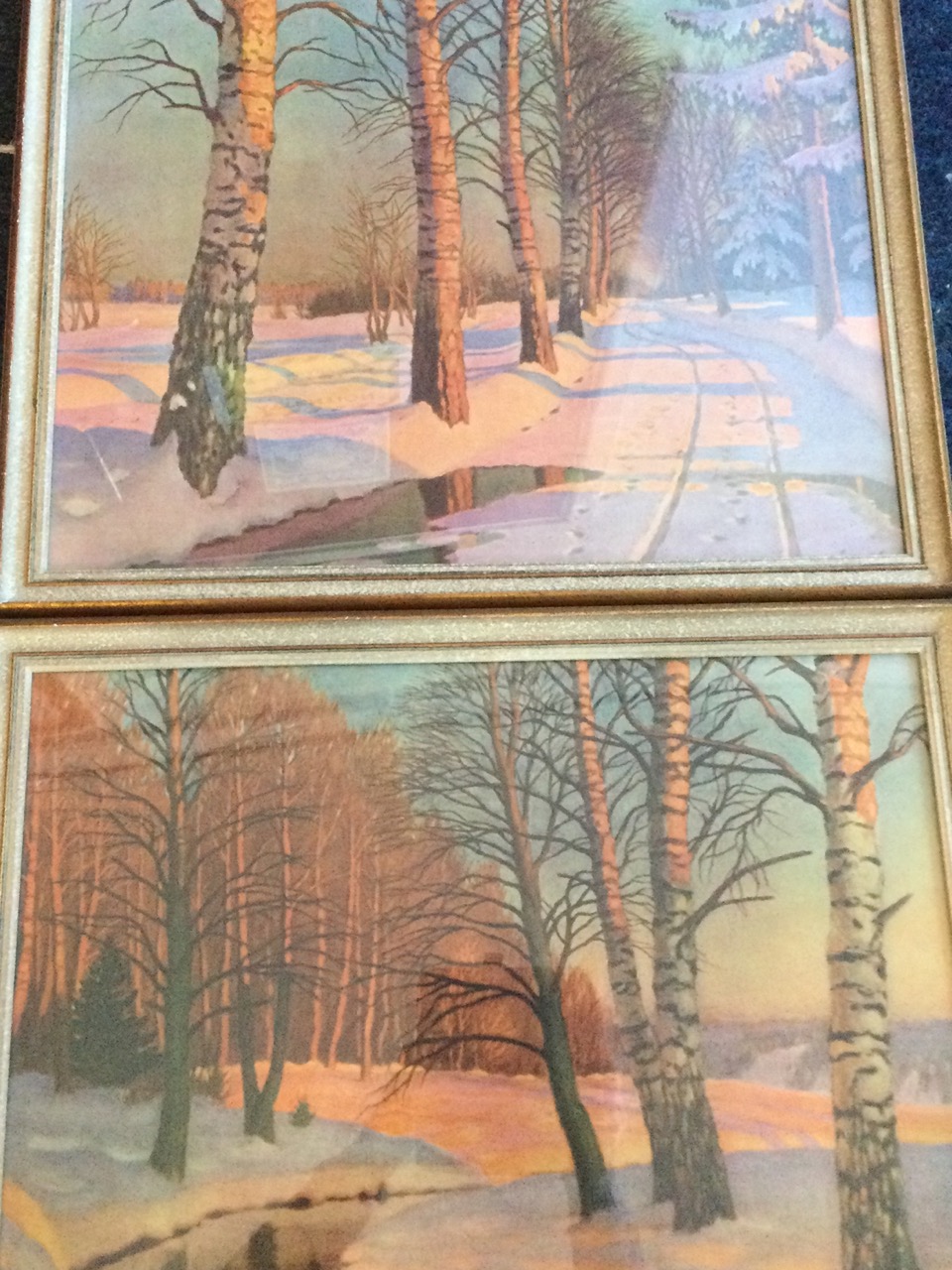 Guermacheff, a pair of lithographic coloured prints, winter wooded landscapes, titled Sunset Glory - Image 3 of 3