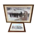 A large framed print titled The Rear Guard after Beadle, depicting soldiers in the snow; and another