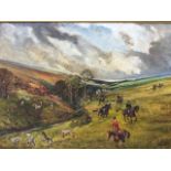 Brugen Day oil on canvas, landscape hunting scene with Exmoor fox hounds on Ilkeston Ridge, near