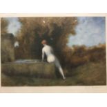 Jean-Jacques Henner, coloured etching, nude by trough in garden landscape, published in 1914 by