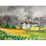 Fiona Ross, gouache on board, colourful landscape, titled to label verso Pitkellony Muthill,