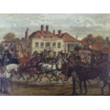 Oil on canvas, busy coaching scene with figures & horses outside The Spread Eagle, possibly Epsom,