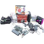 Three games consoles - two XBox360s, and an XBox, with various controllers, power cables and