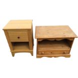 A contemporary oak cabinet with drawer above an open compartment raised on angled legs; and a pine