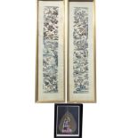 A pair of oriental embroidered silk panels with trees, flowers, figures, bridges, water,