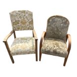 An upholstered cottage armchair with rounded arms on rectangular legs; and another armchair with